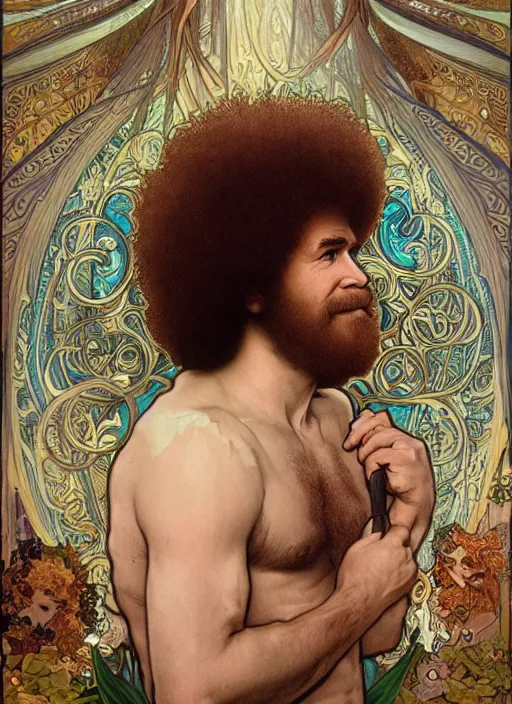 Prompt: Bob Ross as God of Beauty, brutal, fantasy, intricate, elegant, highly detailed, digital painting, 4k, HDR, concept art, smooth, sharp focus, illustration, art by alphonse mucha,artgerm, H R Giger