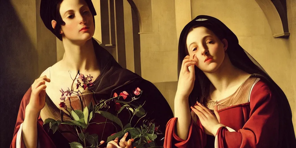 Image similar to beautiful oil matte portrait painting, woman holding a flower inside a cathedral, wonderful masterpiece highly detailed, beautiful cinematic light deep focus, elegant, digital painting, smooth, sharp focus, golden ratio, dramatic illumination, ultra realistic, 8 k, art by artemisia lomi gentileschi and caravaggio