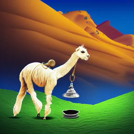 Image similar to a digital art picture of a child riding a llama with a bell on its tail through a desert