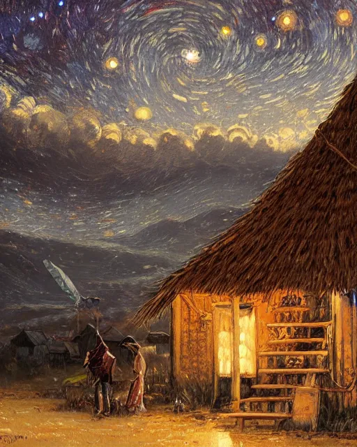 Image similar to Painting by Greg Rutkowski, A large ceramic jar with a golden ornament flies high in the starry night sky above small huts under thatched roofs