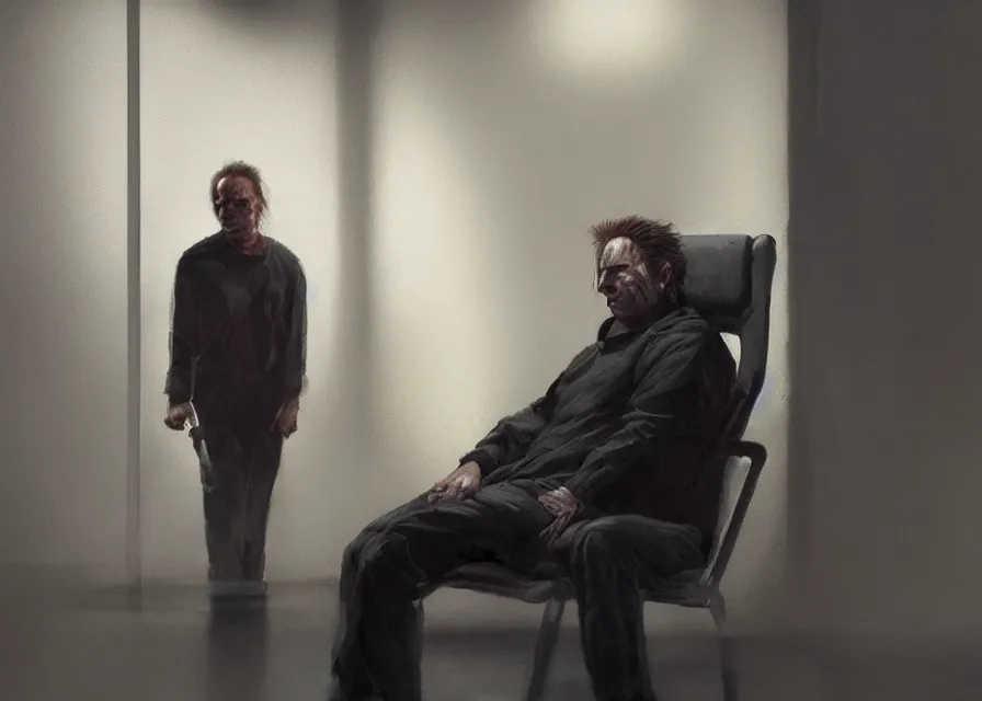 Image similar to dynamic portrait painting of Michael Myers sitting in the waiting room of an optometrist amongst other normal patients, sharp focus, face focused, trending on ArtStation, masterpiece, by Greg Rutkowski, by Ross Tran, by Fenghua Zhong, octane, soft render, oil on canvas, decorated walls moody lighting, high contrast, cinematic