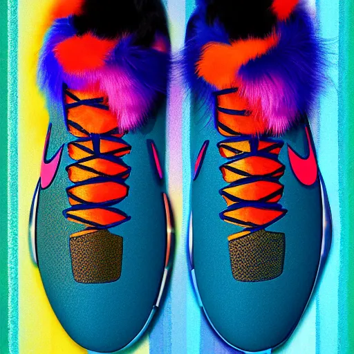 Image similar to poster nike shoe made of very fluffy colorful faux fur placed on reflective surface, professional advertising, overhead lighting, heavy detail, realistic by nate vanhook, mark miner