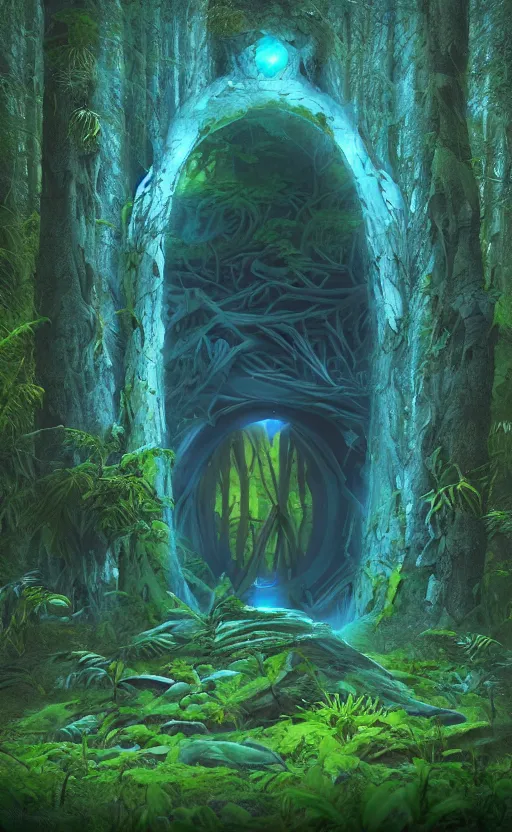 Image similar to the portal in the forest in the style of Roger Dean and beeple, 35mm, photo realistic, epic, cinematic