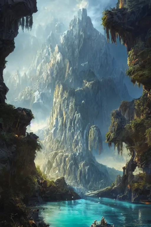 Image similar to beautiful crystal geode, alex ross, eddie mendoza, raphael lacoste, sebastian ludke, concept art, matte painting, highly detailed, rule of thirds, dynamic lighting, cinematic, detailed, magnificiant landscape, denoised, centerd