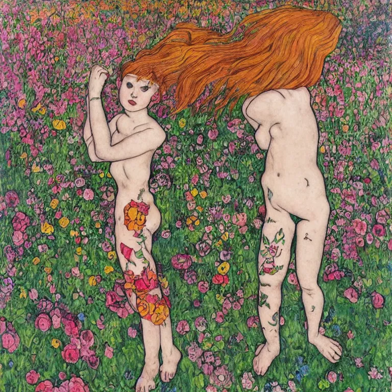 Image similar to a ginger girl with a pixie cut and covered in tattoos dancing by the riverside in a garden full of huge flowers by tivadar csontvary kosztka and egon schiele