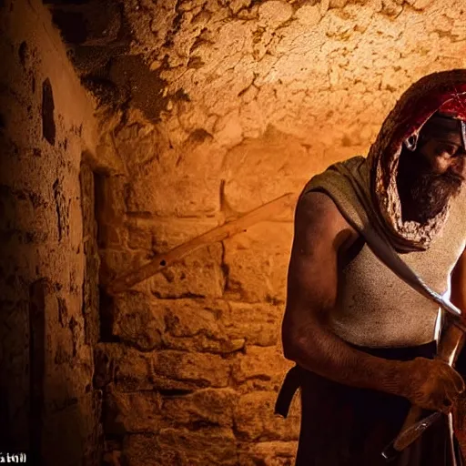 Image similar to award winning cinematic still of nighttime with 40 year old Mediterranean skinned man in Ancient Canaanite clothing fixing a ruined, crumbled wall in Jerusalem, holding a sword and a chisel, dramatic lighting, nighttime, strong shadows, bright red hues, directed by Michael Bay