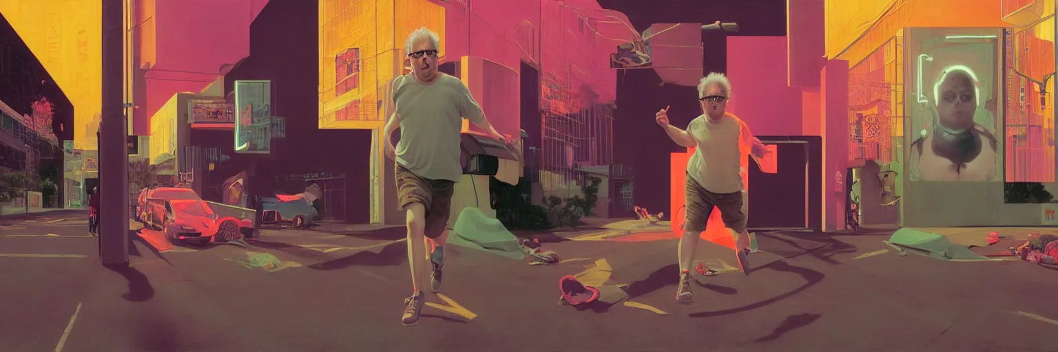 Image similar to weird and disturbing portrait of todd solondz running scared in the streets of tel aviv, vivid colors, neon, art by gregory crewdson and francis bacon and artgerm and wlop and william - adolphe bouguereau