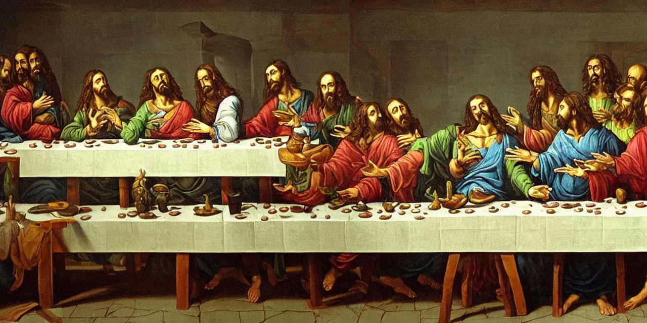 Prompt: the last supper iconic image in the style of dali surreal jesus christ iconography but replace jesus with little green aliens like the ones from pixar movies