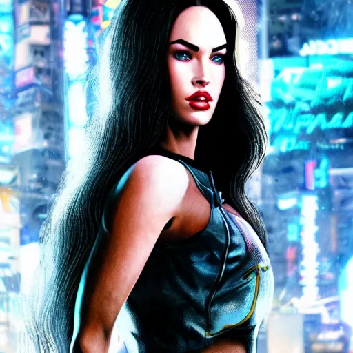 Image similar to Megan Fox portrait, Cyberpunk 2077 style