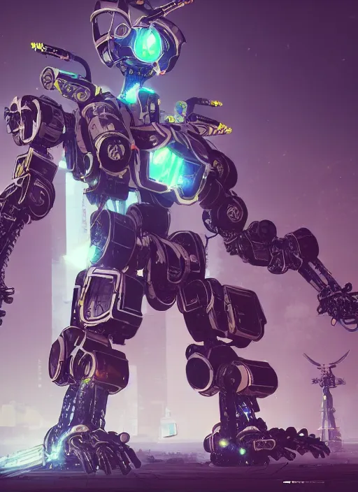 Image similar to intricate digital artwork of a giant japanese anime war mecha by by nuthin'but mech, by kallamity sketchbook, inspired by nier : automata, neon factory background, octane render, cgstation, 4 k resolution