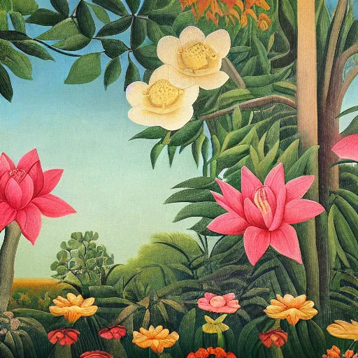 Prompt: hd photo of a fresco in naive art style by henri rousseau with birds and flowers and lotuses, highly detailed, unreal engine, photorealism