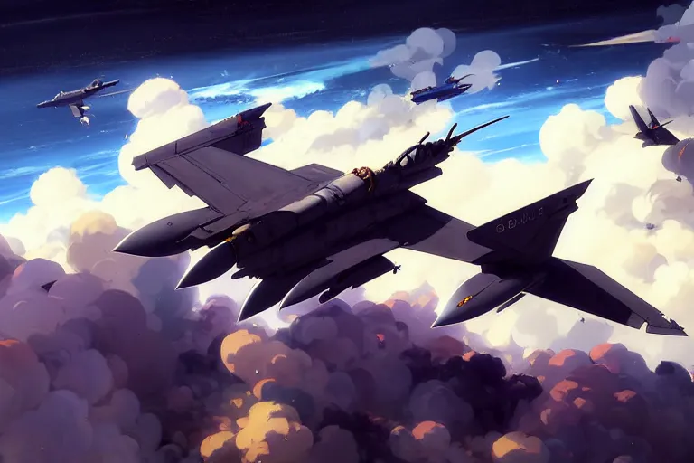 Image similar to baroque oil painting of anime key visual environment concept art of anime fighter jet dogfight in the sky concrete brutalist dark fantasy, rule of thirds, cinematic lighting, fake hidden detail, trending on pixiv fanbox, acrylic palette knife and brush, style of makoto shinkai studio ghibli genshin impact jamie wyeth james gilleard greg rutkowski