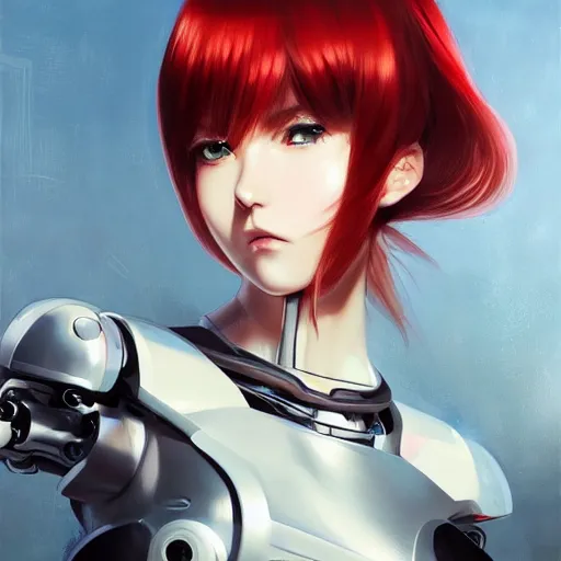 Image similar to A cyborg girl with big and cute eyes, fine-face, realistic shaded perfect face, fine details. red and black robotic parts. Very anime. Realistic shaded lighting poster by Ilya Kuvshinov katsuhiro, magali villeneuve, artgerm, Jeremy Lipkin and Michael Garmash, Rob Rey and Kentarõ Miura style, trending on art station