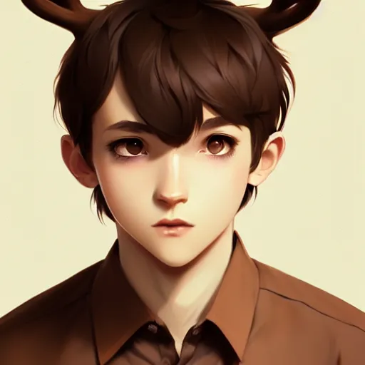 Image similar to character design portrait of a kind anthropomorphic furry deer man with deer ears, short brown hair, wearing a shirt, looking at the camera, 4 k, concept art, by wlop, ilya kuvshinov, artgerm, krenz cushart, pixiv.
