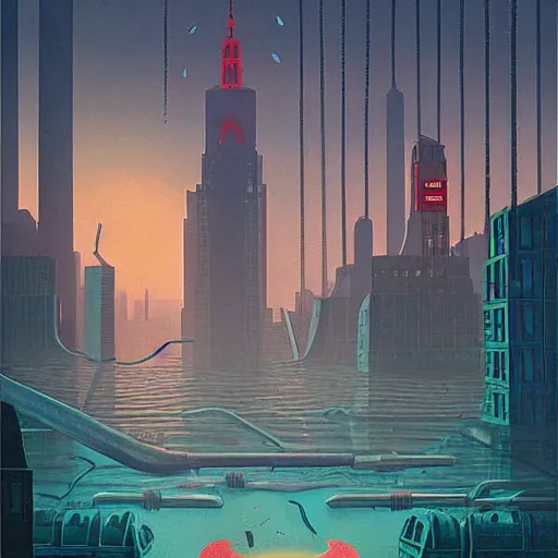 Image similar to New York under water by Simon Stålenhag and Grant Wood