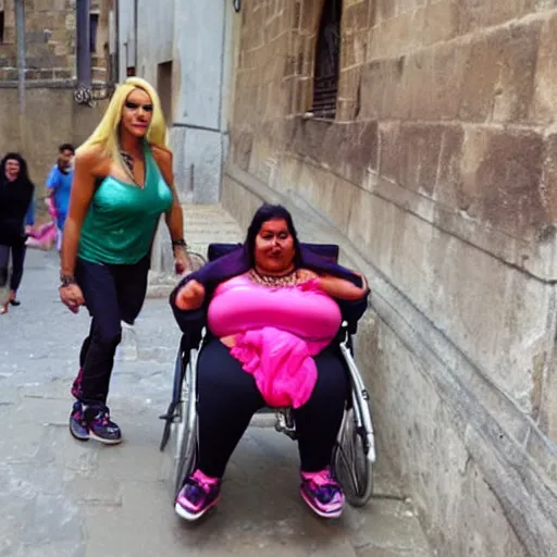 Prompt: jodie marsh pushing an obese indian woman in a wheelchair on steps in Porto, detailed photo