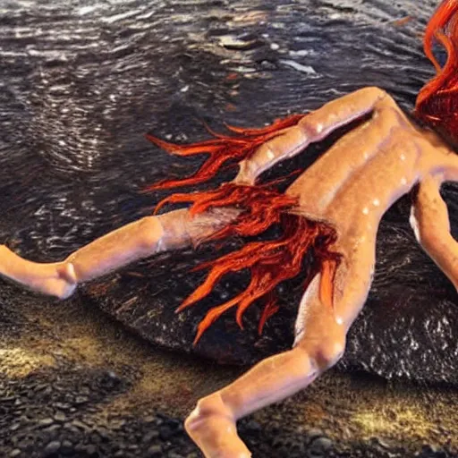 Prompt: a photo of a boy with firey hair emerging from the water with chains on his arms and legs 1 9 7 7 photo, realistic, photorealistic, detailed,