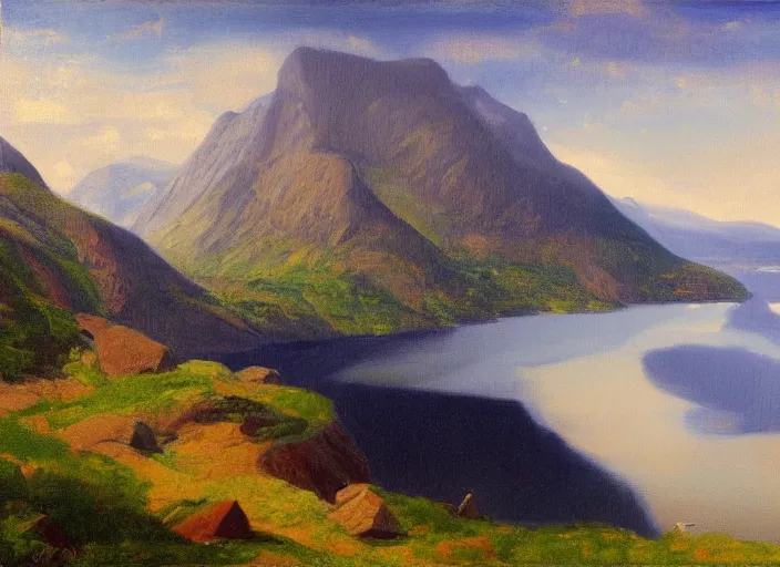 Image similar to norwegian fjords in the style of hudson river school of art, oil on canvas