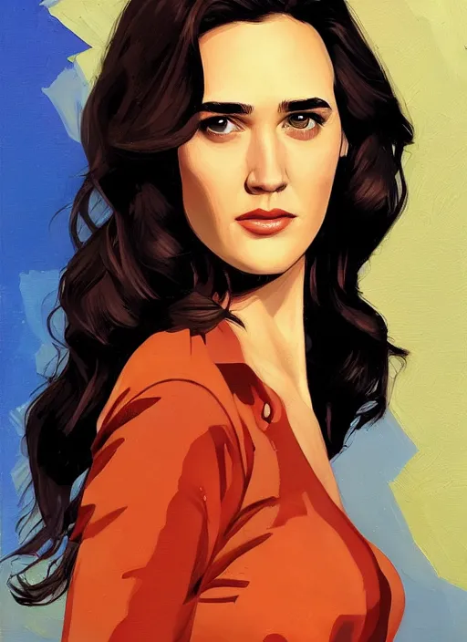 Image similar to detailed artwork by phil noto ; stylized painting of young jennifer connelly ; gal gadot ; eva green ; young jennifer connelly from the rocketeer ; brush texture ; asymmetric composition ; paint texture ; trending on artstation ; gallery painting by phil noto, comic style