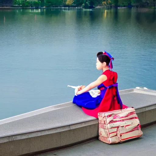 Prompt: Sailor Moon sitting next by the West Lake