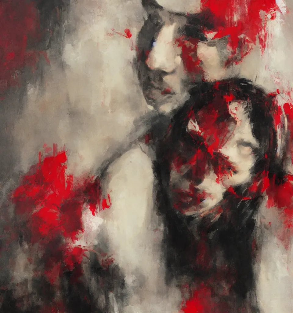 Prompt: spontaneous unfinished romantic portrait under painting, alla prima, beautiful juicy brush strokes, by richard schmid and sargent, dark, black and red, trending on cgsociety, expressionism