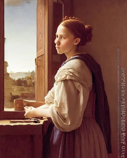 Image similar to a window - lit realistic portrait painting of a thoughtful girl resembling a young, shy, redheaded alicia vikander or millie bobby brown wearing peasant clothes by an open window, highly detailed, intricate, by vermeer, and william bouguereau