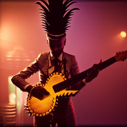 Image similar to a steampunk pineapple, playing electric guitar at a night club, focus on the pineapple, cinematic lighting, exaggerated detailed, unreal engine, octane render, trending on artstation, art by greg rutkowski, 4 k