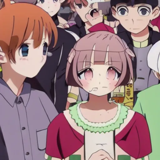 Prompt: a cute anime girl from Blend S surrounded by crowd of boys