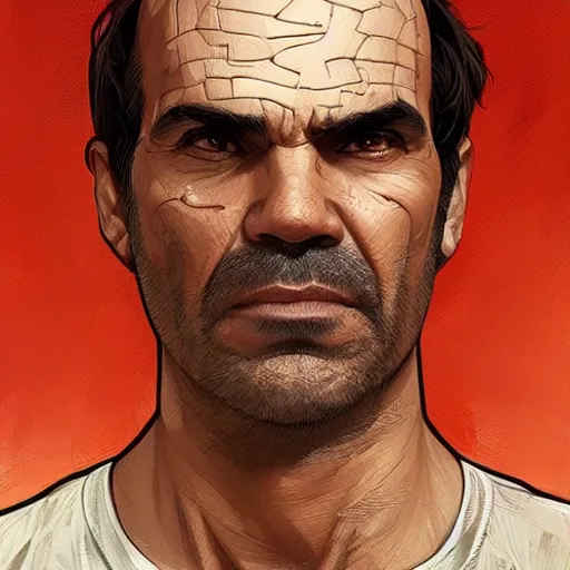 Image similar to trevor philips face made of noodles, highly detailed, digital painting, artstation, concept art, smooth, sharp focus, illustration, art by artgerm and greg rutkowski and alphonse mucha