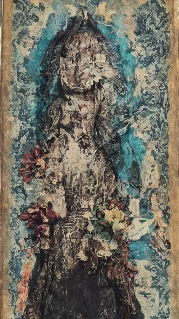 Image similar to tintype full body view, virgin mary in dia de muertos dress and make up, horrific beautiful vibe, evocative, atmospheric lighting, painted, intricate, highly detailed,