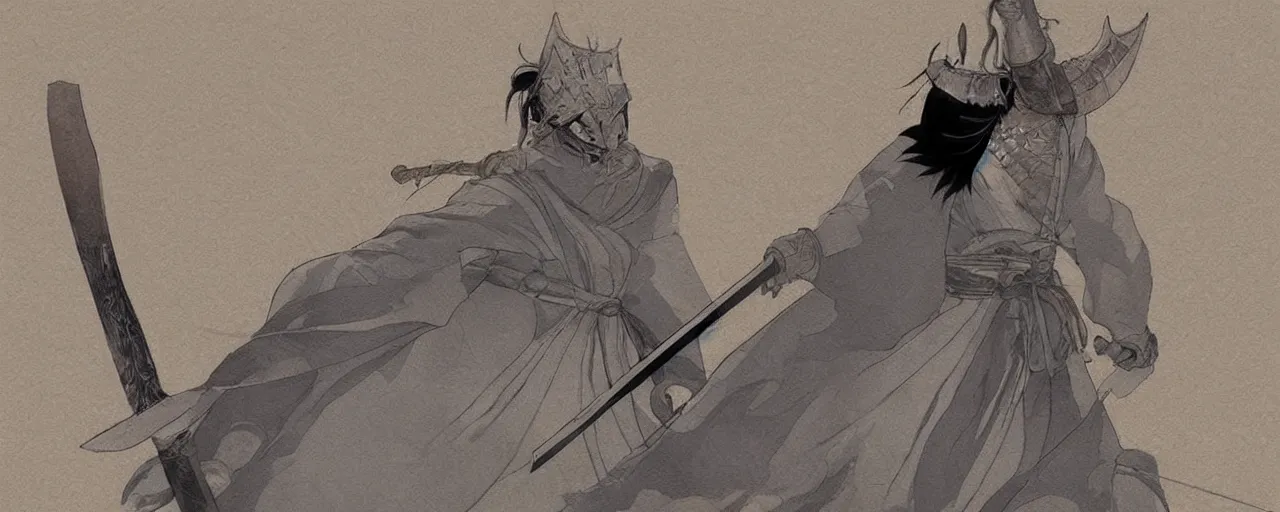 Image similar to a !beautiful White cloaked Samurai Warrior with Sword Drawn by Mitsuru Adachi :: Concept Art, Digital Art