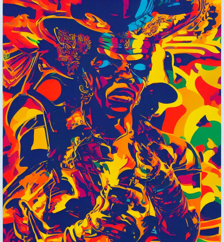 Prompt: colourful afrofuturist biomorphic opart, jimi hendrix full body, by pascal blanche and syd mead and james jean, greg hildebrandt, 8 k