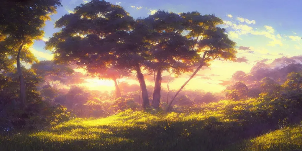 Prompt: an extraordinarily beautiful oil painting of a landscape in spring during sunrise ; lush vegetation ; the most beautiful painting in the world ; by makoto shinkai