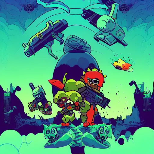 Prompt: nuclear throne artwork, artwork by moebius and dan mumford, smooth gradient colorings, black outlines