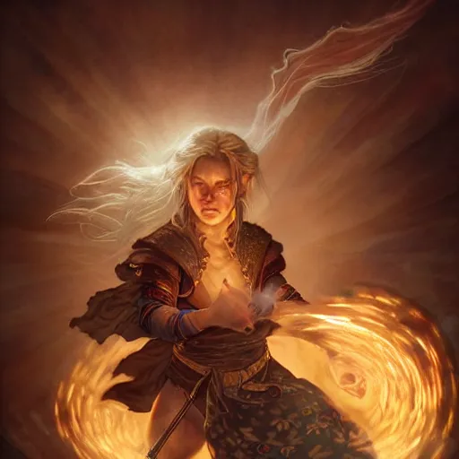 Image similar to full body portrait of a female halfling hobbit monk fistfighter warrior, communing with her goddess of mist and light, flowing robes and leather armor, detailed dynamic light painting by albrecht anker and peter mohrbacher