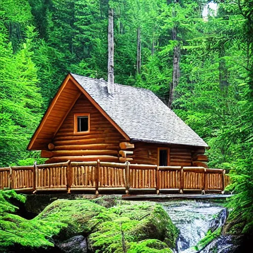 Image similar to “log cabin by waterfall”