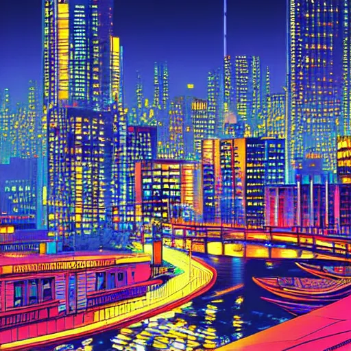 Prompt: modern cityscape at night, 8 k, intricate, bright colors, art by ilya kuvshinov