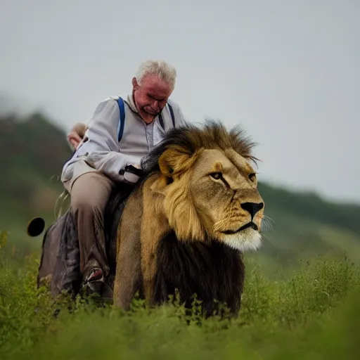 Image similar to old man riding on lions back