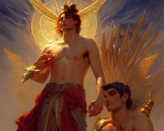 Image similar to attractive pagan male deity, summons handsome lucifer morning star. highly detailed painting by gaston bussiere, craig mullins, j. c. leyendecker 8 k