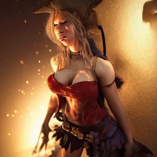 Image similar to full body pose, hyperrealistic photograph of a drunk pirate woman, dim volumetric lighting, 8 k, octane beautifully detailed render, extremely hyper detailed, intricate, epic composition, cinematic lighting, masterpiece, trending on artstation, very very detailed, stunning, hdr, smooth, sharp focus, high resolution, award, winning photo, dslr, 5 0 mm