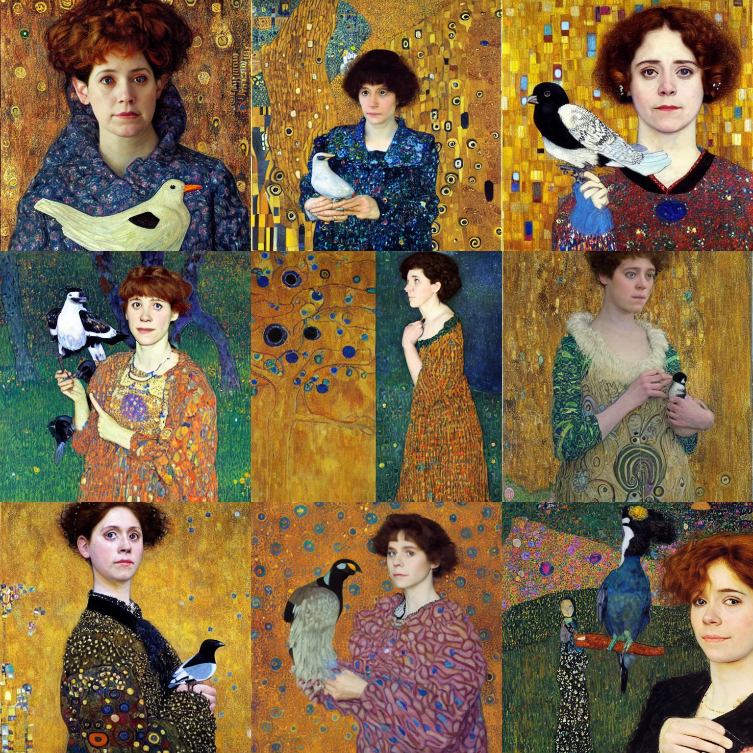 Prompt: a painting of a female asa Butterfield mixed with pam beesly, she is holding a magpie, by gustav klimt