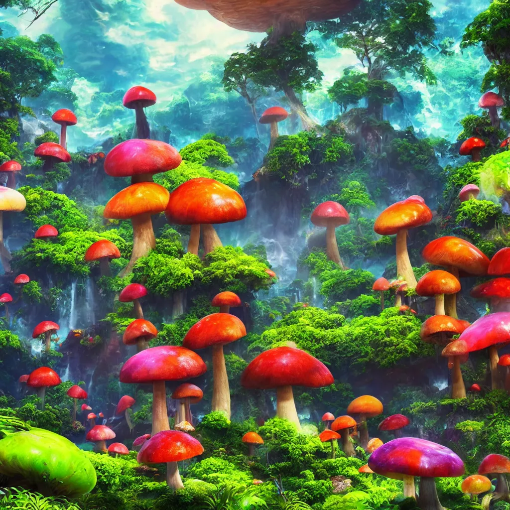 Image similar to colorful alien planet background, giant mushrooms, waterfall, tropical vegetation, landscape, rocks, anime, octane render, 4 k, ingame shot