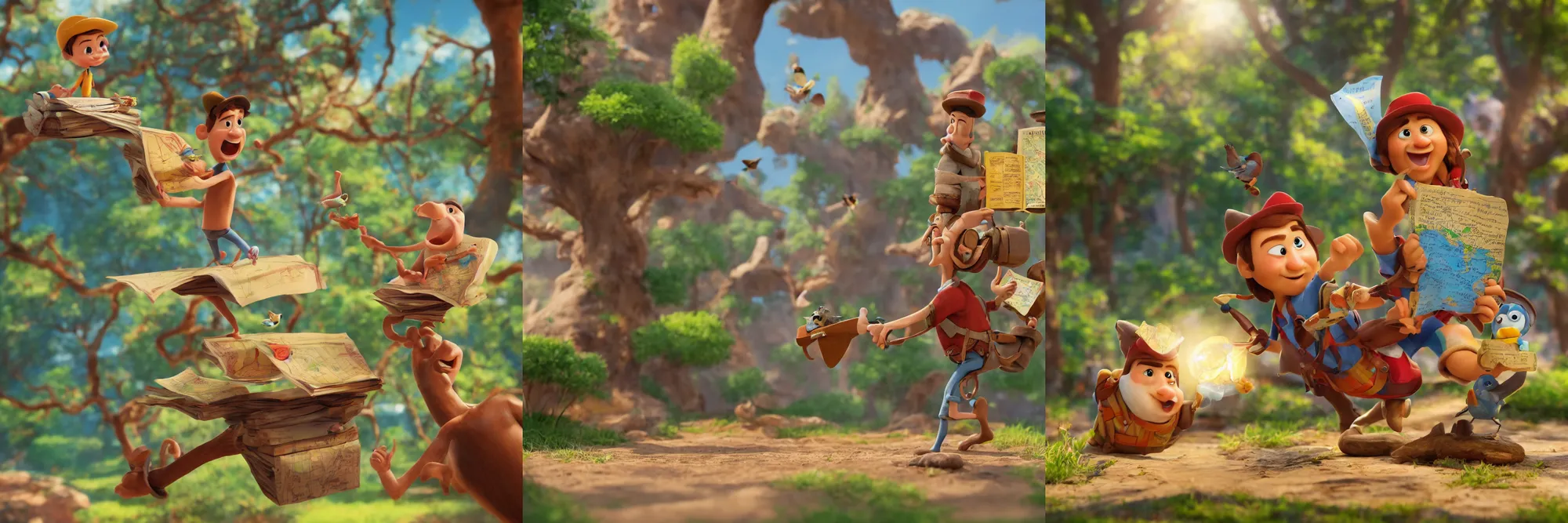 Prompt: Miniature closeup 3D illustration of a traveller holding a treasure map Infront of him. In the background there is a flourishing very very beautiful nature scenery in the summer. With trees and cute birds . Digital art trending on artstation. Award winning art, leaked Screenshot from a Pixar movie