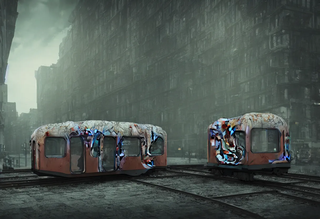 Prompt: a busy subway wagon, there is a huge monster octopus on the interior, tentacles creeping in through the windows and gaps, people are scared and screaming while trying to flee through the windows, octane render, 4 k, urban photography,