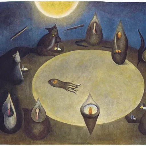 Prompt: By Leonora Carrington, a large cat using a divination circle to summon a large tuna fish, shadowy environment lit by very large candles, artistic, oil painting.