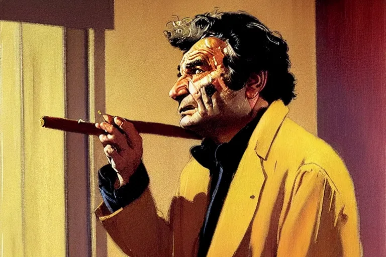 Prompt: homicide detective columbo ( peter falk ) in his messy trenchcoat, smoking a cigar while rubbing his head thinking. 1 9 8 0 s oil painting in the style of edward hopper and ilya repin gaston bussiere, craig mullins, j. c. leyendecker. warm colors. detailed and hyperrealistic. concept art