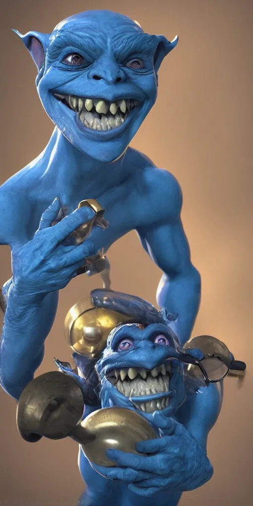 Prompt: a beautiful portrait of a happy blue goblin creature with a monocle by james gurney | centered | unreal engine :. 3