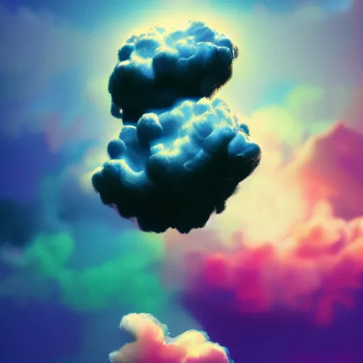 Prompt: puffy clouds made of chrome, james jean style, claymation style, colourful, volumetric light,, dramatic light, analogue photo, vfx art, digital painting, digital illustration, unreal engine render,