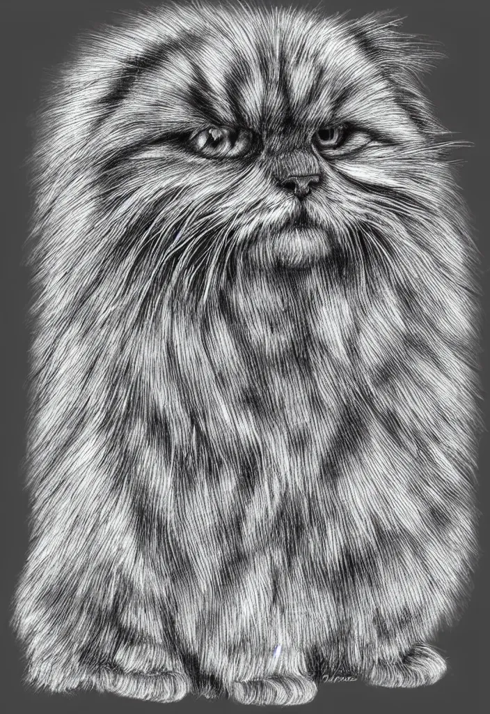 Image similar to longhair floof fluffy coiffed groom elegant gorgeously champion cute pretty scottish fold, radiant line art pen and ink and paint, grisaille dark monochrome with neon color airbrush spraypaint accents