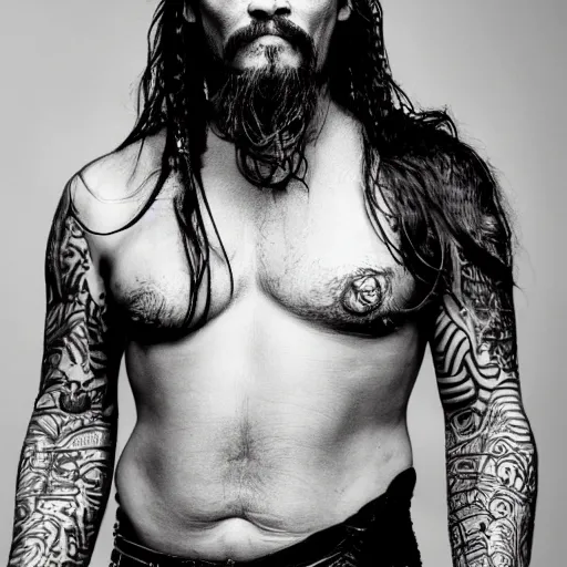 Image similar to portrait of johnny depp as khal drogo from games of thrones, mascular, broad shoulder, long beard with locks, very long straight hair, tattooed body, six packs, symmetrical, nikon 3 5 mm photography, ultrarealistic